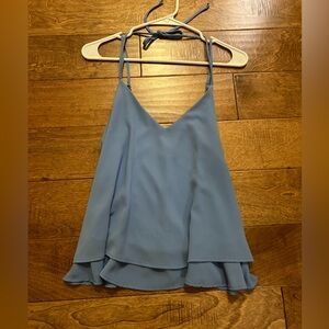 Blue summer babydoll top, flowy with ruffles, adjustable spaghetti straps.